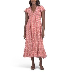 MAX STUDIO Red/cream Flutter Sleeve V-neck Empire Waist Maxi Dress